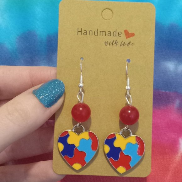 Handmade Autism Awareness Heart Earrings - Picture 2 of 5